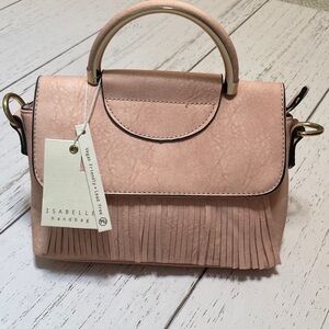 Isabelle Pink Fringe Handbag with Gold Accent Handle and Crossbody Strap, NWT